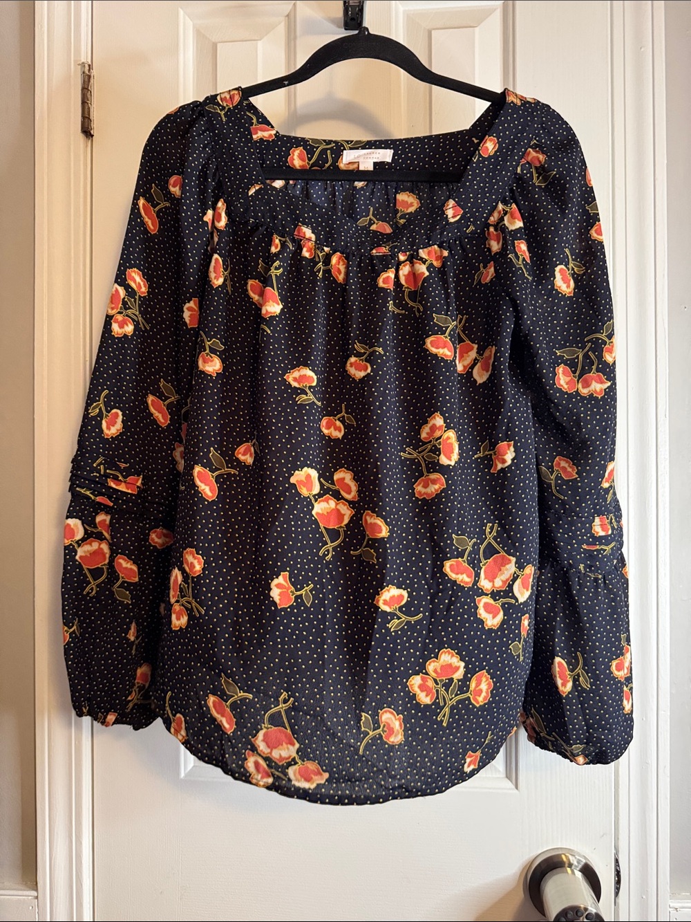 LC Lauren Conrad Navy Floral Square-Neck Blouse with Orange Accents (R)